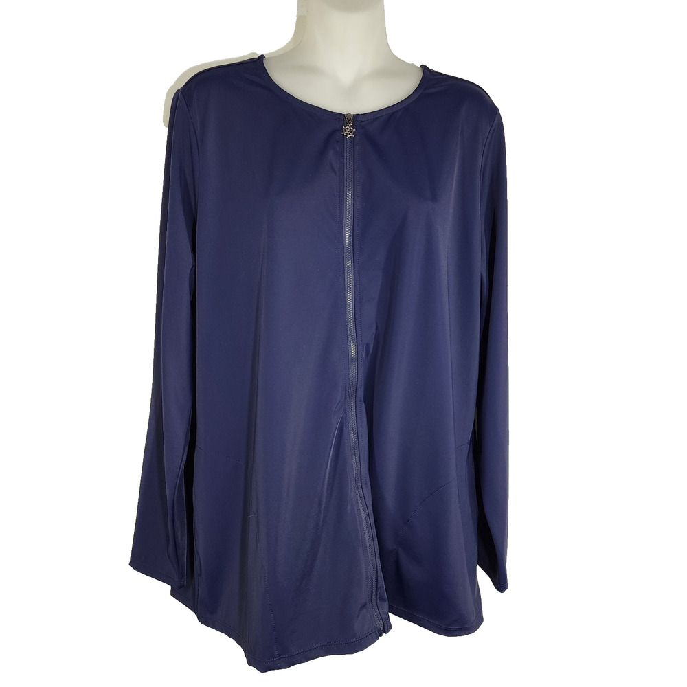 Denim & Co. Womens Beach Zip Front Swim Cardigan Navy Blue 1X UPF 50 A634840